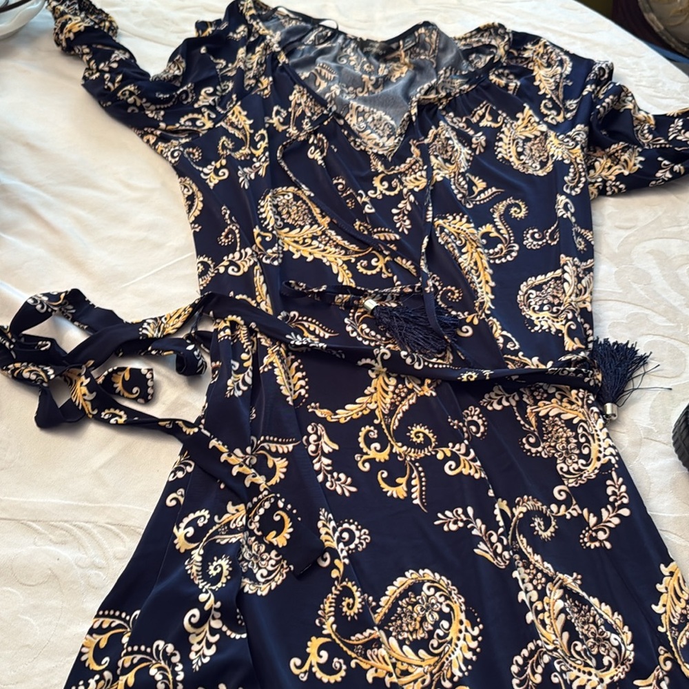 Mlle Gabrielle Navy and Gold Paisley Dress